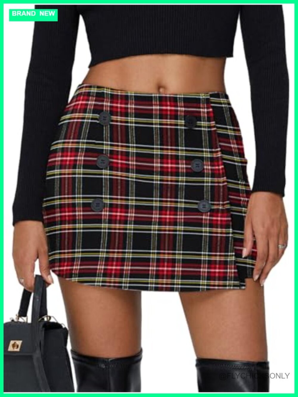 EXLURA High Waist Plaid Tweed Bodycon Mini Skirt